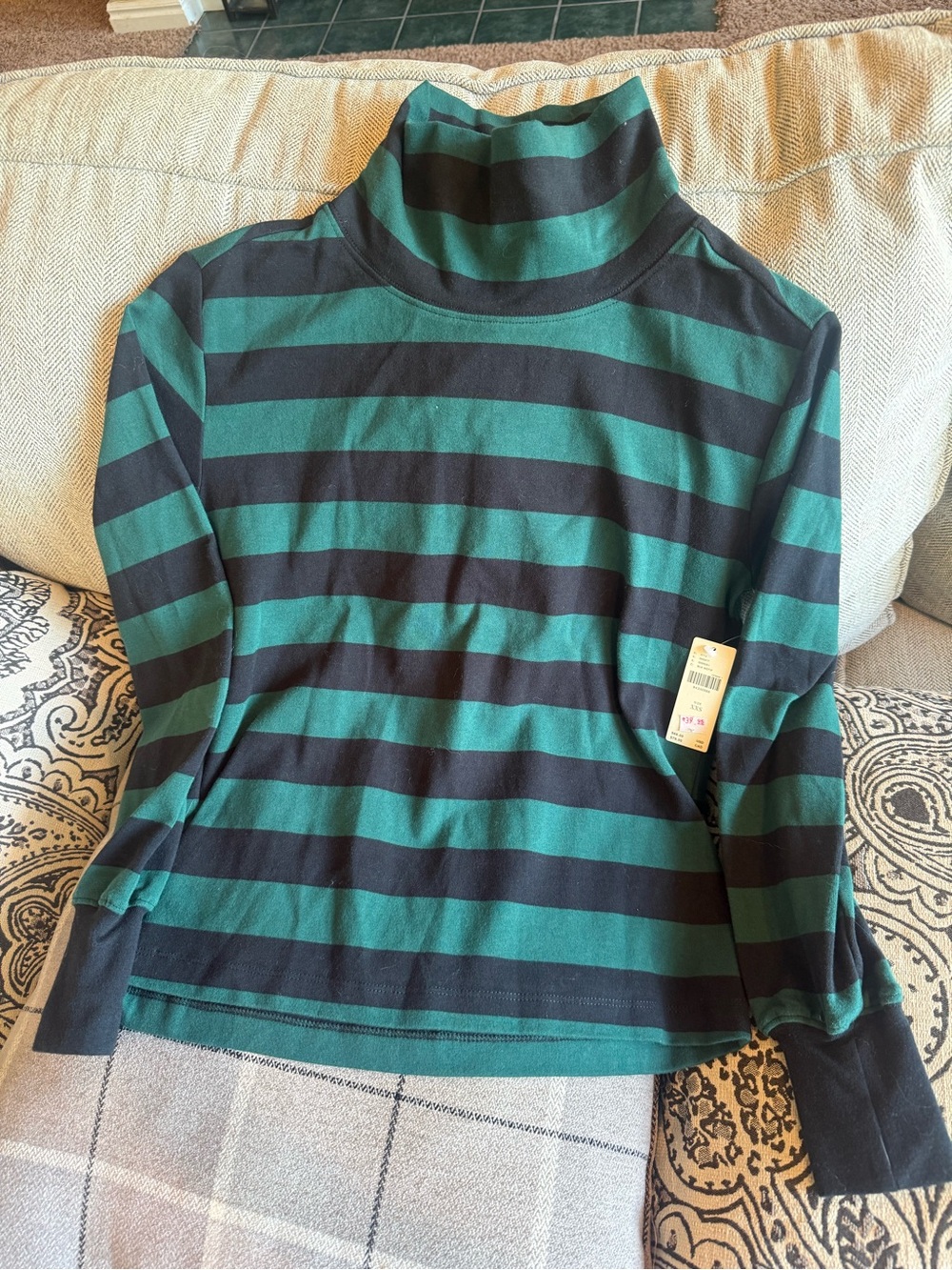 Anthropologie Green and Black Striped Turtleneck Long Sleeve Top